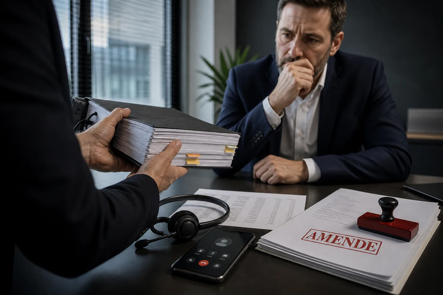 Un dirigeant préoccupé reçoit un dossier de contrôle accompagné d'un casque téléphonique et d'un document marqué amende