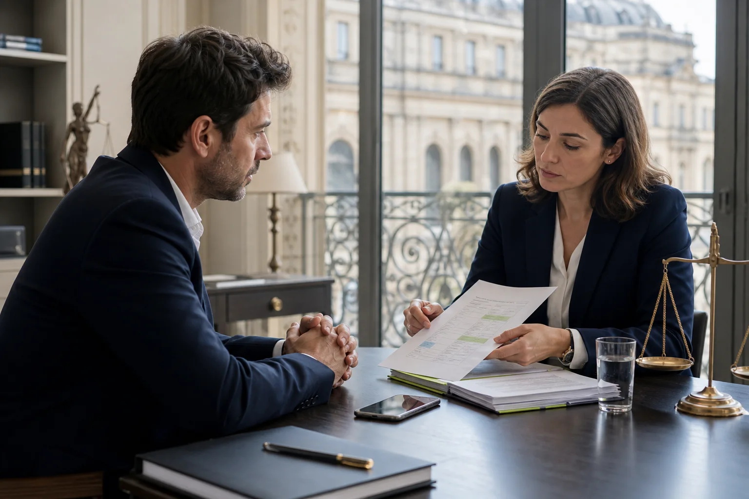 Une juriste examine un dossier de preuve avec un professionnel dans un cabinet français
